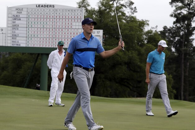 Jordan Spieth reacts after his birdie on the 18th hole during the first round of the Masters golf tournament Thursday, April 9, 2015, in Augusta, Ga. (AP Photo/Chris Carlson)