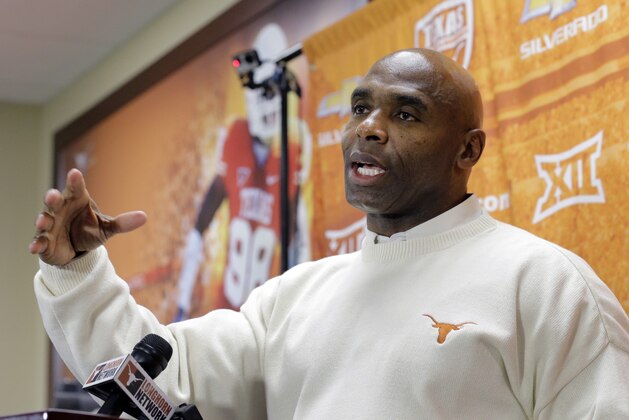 Texas head football coach Charlie Strong talks to the media about his 2015 recruiting class on national signing day, Wednesday, Feb. 4, 2015, in Austin, Texas. (AP Photo/Eric Gay)