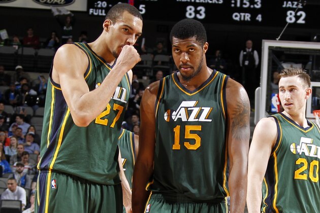 DALLAS, TX - FEBRUARY 11: Rudy Gobert #27, Derrick Favors #15, Gordon Hayward #20, and Trevor Booker #33 of the Utah Jazz stand on the court during a game against the Dallas Mavericks on February 11, 2015 at the American Airlines Center in Dallas, Texas. NOTE TO USER: User expressly acknowledges and agrees that, by downloading and or using this photograph, User is consenting to the terms and conditions of the Getty Images License Agreement. Mandatory Copyright Notice: Copyright 2015 NBAE (Photo by Danny Bollinger/NBAE via Getty Images)