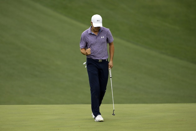 Jordan Spieth pumps his fist after a birdie on the 10th hole during the second round of the Masters golf tournament Friday, April 10, 2015, in Augusta, Ga. (AP Photo/David J. Phillip)
