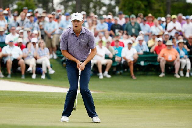 AUGUSTA, GA - APRIL 10:  Jordan Spieth of the United States reacts to a missed birdie putt on the 18th green during the second round of the 2015 Masters Tournament at Augusta National Golf Club on April 10, 2015 in Augusta, Georgia.  (Photo by Ezra Shaw/Getty Images)