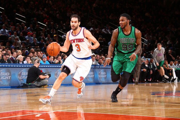 NEW YORK, NY - FEBRUARY 3:  Jose Calderon #3 of the New York Knicks drives to the basket against Jae Crowder #99 of the Boston Celtics on February 3, 2015 at Madison Square Garden in New York City.  NOTE TO USER: User expressly acknowledges and agrees that, by downloading and or using this Photograph, user is consenting to the terms and conditions of the Getty Images License Agreement. Mandatory Copyright Notice: Copyright 2015 NBAE (Photo by Nathaniel S. Butler/NBAE via Getty Images)