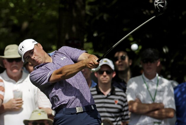 Jordan Spieth tees off on the seventh hole during the second round of the Masters golf tournament Friday, April 10, 2015, in Augusta, Ga. (AP Photo/Charlie Riedel)