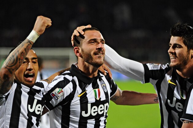 Juventus' Leonardo Bonucci celebrates after scoring during an Italian Cup semifinal return soccer match between Juventus and Fiorentina,  at the Artemio Franchi stadium in Florence, Italy, April 7, 2015. (AP Photo/Maurizio Degl' Innocenti) ITALY OUT