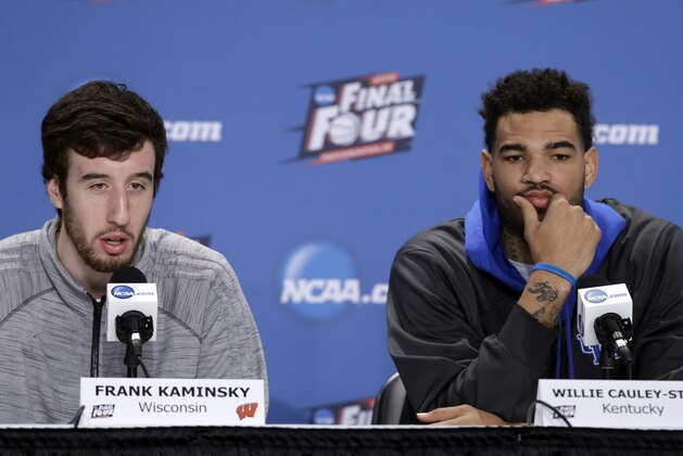 Wisconsin's Frank Kaminsky and Kentucky's Willie Cauley-Stein answer questions during a news conference for the NCAA Final Four tournament college basketball semifinal game Thursday, April 2, 2015, in Indianapolis. (AP Photo/Darron Cummings)