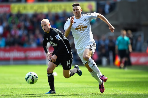 SWANSEA, WALES - APRIL 11:  Swansea defender Federico Fernandez (r) is challenged by Steven Naismith of Everton during the Barclays Premier League match between Swansea City and Everton at Liberty Stadium on April 11, 2015 in Swansea, Wales.  (Photo by Stu Forster/Getty Images)