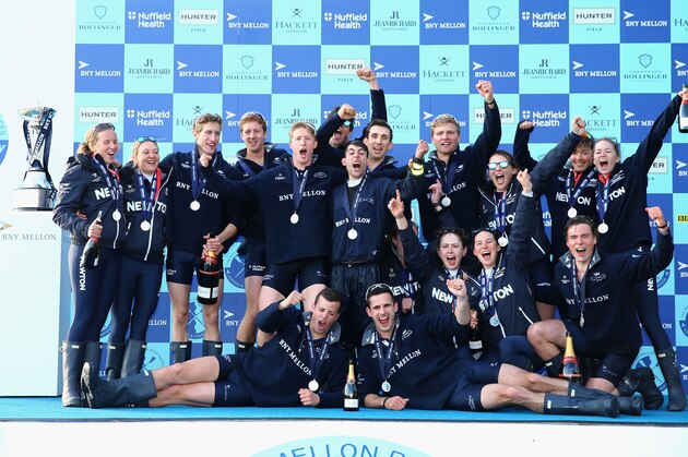 LONDON, ENGLAND - APRIL 11:  Oxford Men and Women's teams pose after winning the BNY Mellon Oxford v Cambridge University Boat Race 2015 on April 11, 2015 in London, England.  (Photo by Richard Heathcote/Getty Images)