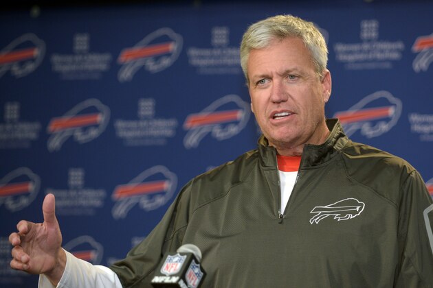 Buffalo Bills head coach Rex Ryan talks about plans for the upcoming NFL football season following the Buffalo Bills' voluntary offseason conditioning session Monday, April 6, 2015, in Orchard Park, N.Y. (AP Photo/Gary Wiepert)