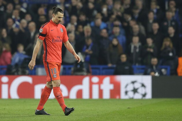 PSG's Zlatan Ibrahimovic leaves the field after getting a red card during the Champions League round of 16 second leg soccer match between Chelsea and Paris Saint Germain at Stamford Bridge stadium in London, Wednesday, March 11, 2015. (AP Photo/Matt Dunham)