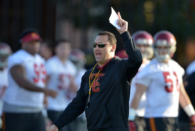 Mar 3, 2015; Los Angeles, CA, USA; Southern California Trojans coach Steve Sarkisian at spring practice at Cromwell Field. Mandatory Credit: Kirby Lee-USA TODAY Sports