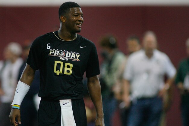 Mar 31, 2015; Tallahassee, FL, USA; Jameis Winston smiles during FSU Football Pro Day at the Albert J. Dunlap Athletic Training Facility. Mandatory Credit: Phil Sears-USA TODAY Sports