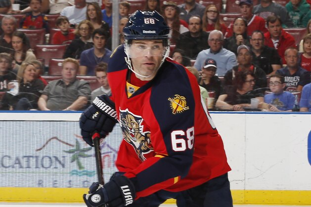 SUNRISE, FL - APRIL 5: Jaromir Jagr #68 of the Florida Panthers skates after a loose puck against the Montreal Canadiens at the BB&T Center on April 5, 2015 in Sunrise, Florida. The Canadiens defeated the Panthers 4-1. (Photo by Joel Auerbach/Getty Images)