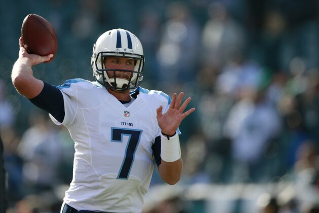 Tennessee Titans' Zach Mettenberger warms up before an NFL football game against the Philadelphia Eagles, Sunday, Nov. 23, 2014, in Philadelphia. (AP Photo/Matt Rourke)