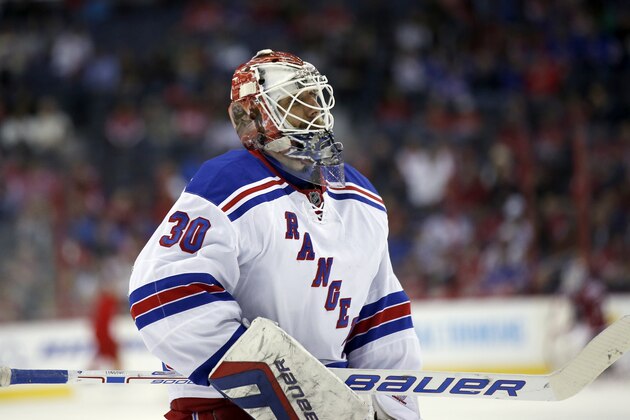 New York Rangers goalie Henrik Lundqvist (30), from Sweden, skates to the goal in the first period of an NHL hockey game against the Washington Capitals, Saturday, April 11, 2015, in Washington. (AP Photo/Alex Brandon)