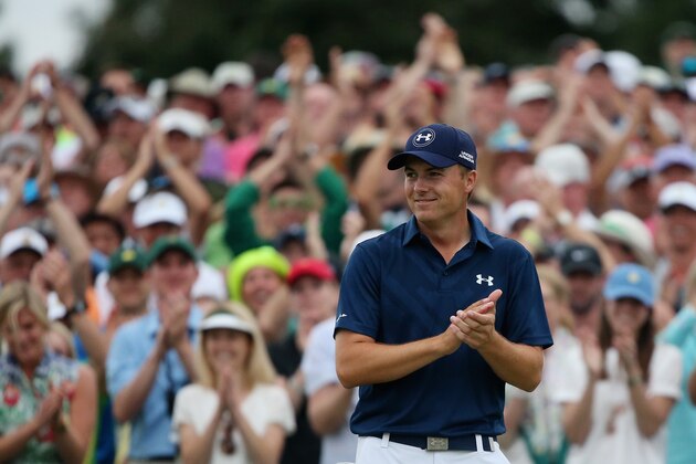 AUGUSTA, GA - APRIL 12:  Jordan Spieth of the United States celebrates on the 18th green after his four-stroke victory at the 2015 Masters Tournament at Augusta National Golf Club on April 12, 2015 in Augusta, Georgia.  (Photo by Andrew Redington/Getty Images)