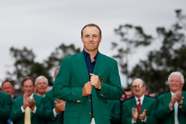 AUGUSTA, GA - APRIL 12:  Jordan Spieth of the United States poses with the green jacket after winning the 2015 Masters Tournament at Augusta National Golf Club on April 12, 2015 in Augusta, Georgia.  (Photo by Ezra Shaw/Getty Images)