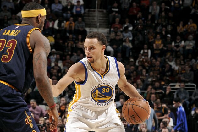 CLEVELAND, OH - FEBRUARY 26: Stephen Curry #30 of the Golden State Warriors handles the ball against the Cleveland Cavaliers at The Quicken Loans Arena on February 26, 2015 in Cleveland, Ohio. NOTE TO USER: User expressly acknowledges and agrees that, by downloading and/or using this Photograph, user is consenting to the terms and conditions of the Getty Images License Agreement. Mandatory Copyright Notice: Copyright 2015 NBAE (Photo by David Liam Kyle/NBAE via Getty Images)