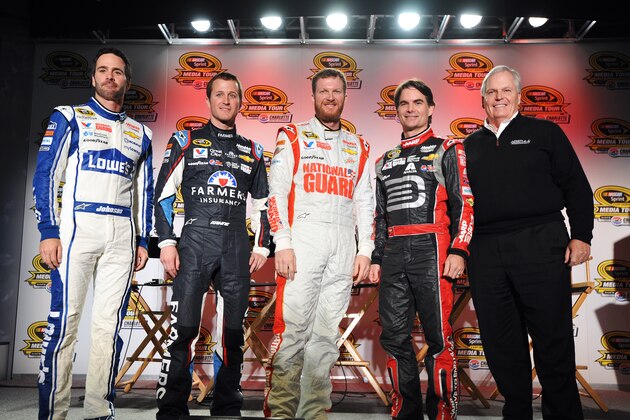 CHARLOTTE, N.C. - JANUARY 28:  (L-R) Jimmie Johnson, driver of the #48 Lowes Chevrolet; Kasey Kahne, driver of the #5 Farmers Insurance Chevrolet; Dale Earnhardt Jr., driver of the #88 National Guard Chevrolet; Jeff Gordon, driver of the #24 Drive to End Hunger Chevrolet; and team owner Rick Hendrick pose for the media during the NASCAR Sprint Media Tour at Charlotte Convention Center on January 28, 2014 in Charlotte, North Carolina. (Photo by Rainier Ehrhardt/Getty Images)