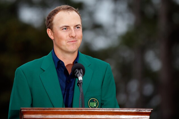 AUGUSTA, GA - APRIL 12:  Jordan Spieth of the United States speaks near the clubhouse after his four-stroke victory at the 2015 Masters Tournament at Augusta National Golf Club on April 12, 2015 in Augusta, Georgia.  (Photo by Ezra Shaw/Getty Images)