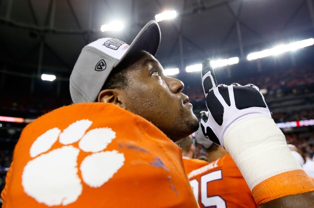 ATLANTA, GA - DECEMBER 31:  Brandon Thomas #63 of the Clemson Tigers reacts after their 25-24 win over the LSU Tigers during the 2012 Chick-fil-A Bowl at Georgia Dome on December 31, 2012 in Atlanta, Georgia.  (Photo by Kevin C. Cox/Getty Images)