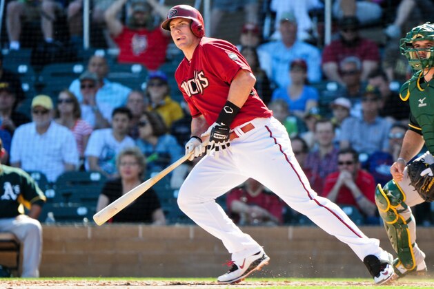 Mar 6, 2015; Salt River Pima-Maricopa, AZ, USA; Arizona Diamondbacks first baseman Paul Goldschmidt (44) flies out in the third inning against the Oakland Athletics during a spring training baseball game at Salt River Fields at Talking Stick. Mandatory Credit: Matt Kartozian-USA TODAY Sports