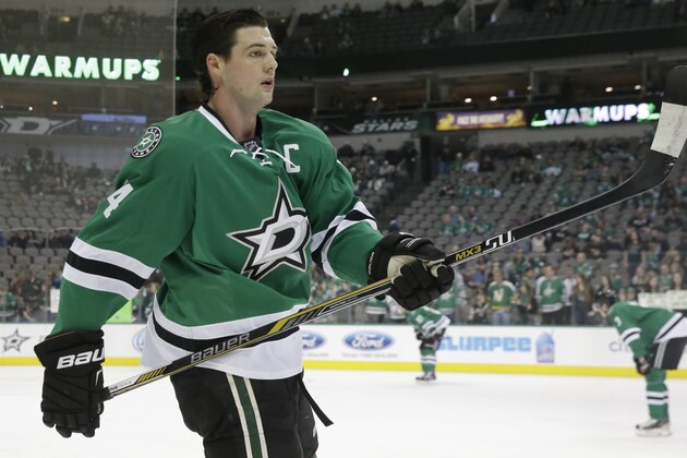 Dallas Stars left wing Jamie Benn (14) skates the ice during warm-ups before an NHL hockey game against the Florida Panthers Friday, Feb. 13, 2015, in Dallas. (AP Photo/LM Otero)