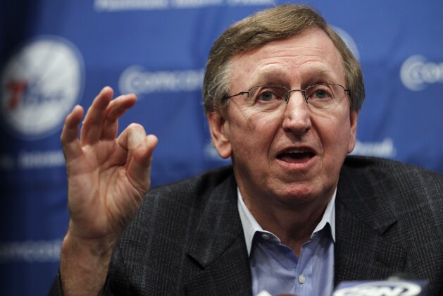 Philadelphia 76ers president Rod Thorn speaks during a news conference at the NBA basketball team's training facility Wednesday, Nov. 30, 2011, in Philadelphia. (AP Photo/Matt Rourke)