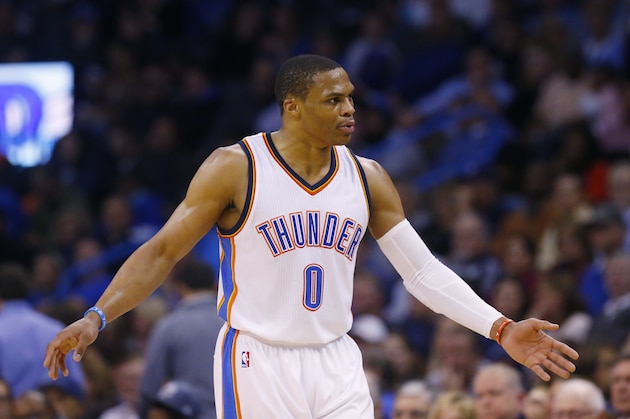Oklahoma City Thunder guard Russell Westbrook (0) disputes a technical foul call in the third quarter of an NBA basketball game in Oklahoma City, Tuesday, Feb. 24, 2015. Oklahoma City won 105-92. (AP Photo/Sue Ogrocki)