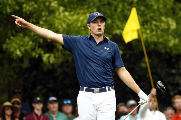 Apr 12, 2015; Augusta, GA, USA; Jordan Spieth gestures towards his errant tee shot on the 7th hole during the final round of The Masters golf tournament at Augusta National Golf Club. Mandatory Credit: Rob Schumacher-USA TODAY Sports