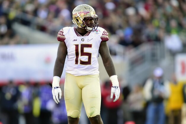 January 1, 2015; Pasadena, CA, USA; Florida State Seminoles defensive end Mario Edwards Jr. (15) in position against the Oregon Ducks in the 2015 Rose Bowl college football game at Rose Bowl. Mandatory Credit: Gary A. Vasquez-USA TODAY Sports