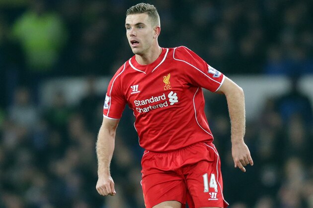 Liverpool's Jordan Henderson during their English Premier League soccer match against Everton at Goodison Park in Liverpool, England, Saturday Feb. 7, 2015. (AP Photo/Clint Hughes)