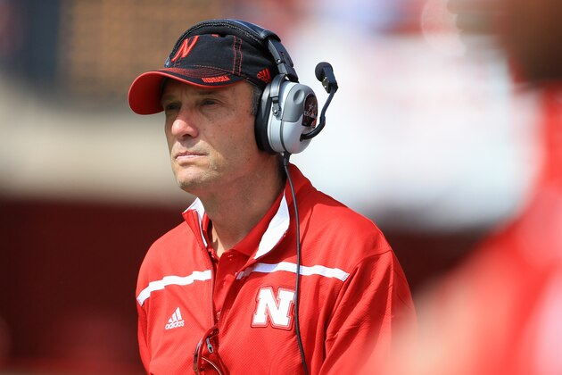 Nebraska head coach Mike Riley follows his players during the annual NCAA college football Red-White spring game in Lincoln, Neb., Saturday, April 11, 2015. (AP Photo/Nati Harnik)