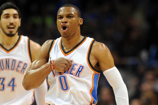 Apr 13, 2015; Oklahoma City, OK, USA; Oklahoma City Thunder guard Russell Westbrook (0) reacts after a play against the Portland Trail Blazers during the first quarter at Chesapeake Energy Arena. Mandatory Credit: Mark D. Smith-USA TODAY Sports