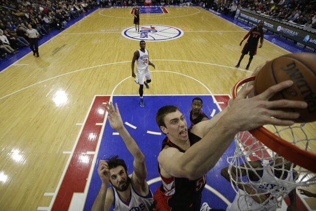 Toronto Raptors' Tyler Hansbrough in action during an NBA basketball game against the Philadelphia 76ers, Monday, March 2, 2015, in Philadelphia. (AP Photo/Matt Slocum)