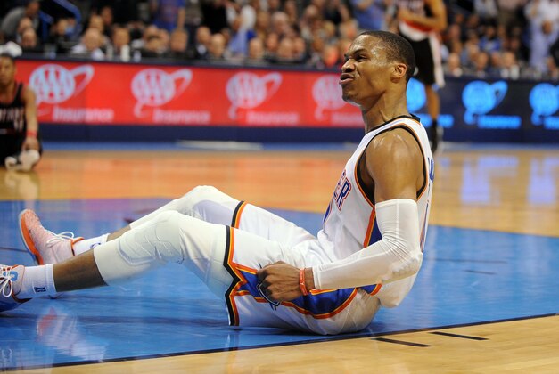 Apr 13, 2015; Oklahoma City, OK, USA; Oklahoma City Thunder guard Russell Westbrook (0) reacts after being fouled on a shot attempt in action against the Portland Trail Blazers during the fourth quarter at Chesapeake Energy Arena. Mandatory Credit: Mark D. Smith-USA TODAY Sports