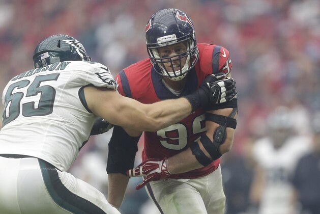 Houston Texans defensive end J.J. Watt (99) battles Philadelphia Eagles tackle Lane Johnson (65) during the third quarter of an NFL football game, Sunday, Nov. 2, 2014, in Houston. (AP Photo/Patric Schneider) Houston Texans defensive end J.J. Watt (99) battles Philadelphia Eagles tackle Lane Johnson (65) during the third quarter of an NFL football game, Sunday, Nov. 2, 2014, in Houston. (AP Photo/Patric Schneider)