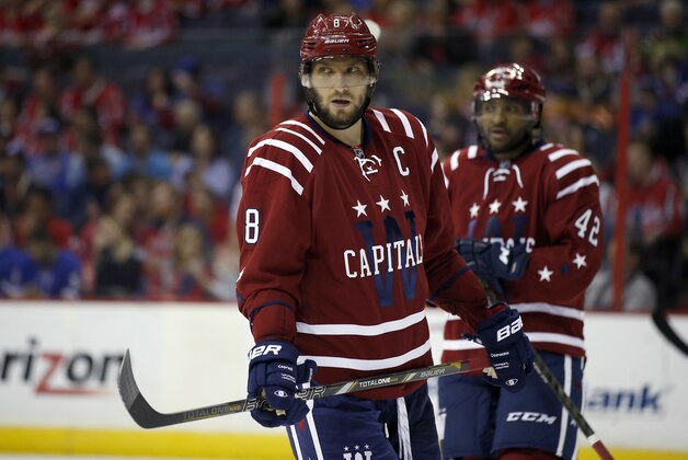 Washington Capitals left wing Alex Ovechkin (8), from Russia, and right wing Joel Ward (42) stand on the ice during a break in the second period of an NHL hockey game against the New York Rangers, Saturday, April 11, 2015, in Washington. (AP Photo/Alex Brandon)