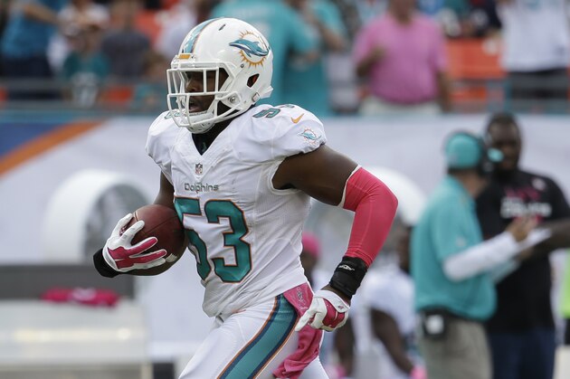 Miami Dolphins outside linebacker Jelani Jenkins (53) runs with the ball during the first half of an NFL football game against the Green Bay Packers, Sunday, Oct. 12, 2014, in Miami Gardens, Fla. (AP Photo/Lynne Sladky)
