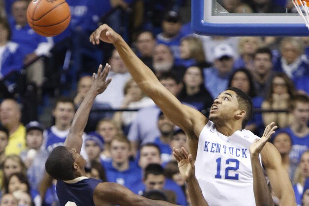 Kentucky's Karl-Anthony Towns (12) blocks the shot of Montana State's Michael Dison during the first half of an NCAA college basketball game, Sunday, Nov. 23, 2014, in Lexington, Ky. (AP Photo/James Crisp) Kentucky's Karl-Anthony Towns (12) blocks the shot of Montana State's Michael Dison during the first half of an NCAA college basketball game, Sunday, Nov. 23, 2014, in Lexington, Ky. (AP Photo/James Crisp)