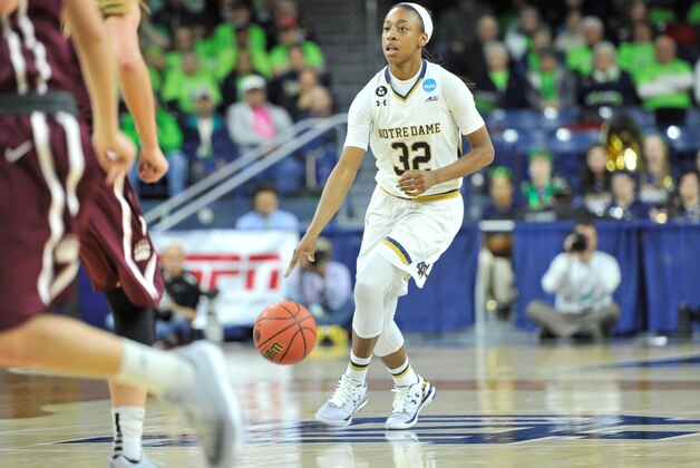 Notre Dame guard Jewell Loyd (32) dribbles up court in the second half of a women's college basketball game against Montana in the first round of the NCAA tournament in South Bend, Ind., Friday, March 20, 2015. Notre Dame won 77-43.  (AP Photo/Joe Raymond)