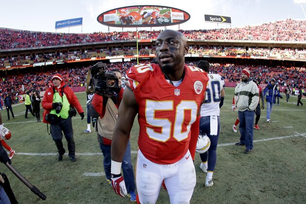 Kansas City Chiefs outside linebacker Justin Houston (50) walks off the field after an NFL football game against the San Diego Chargers Sunday, Dec. 28, 2014, in Kansas City, Mo. Kansas City won 19-7. (AP Photo/Charlie Riedel)