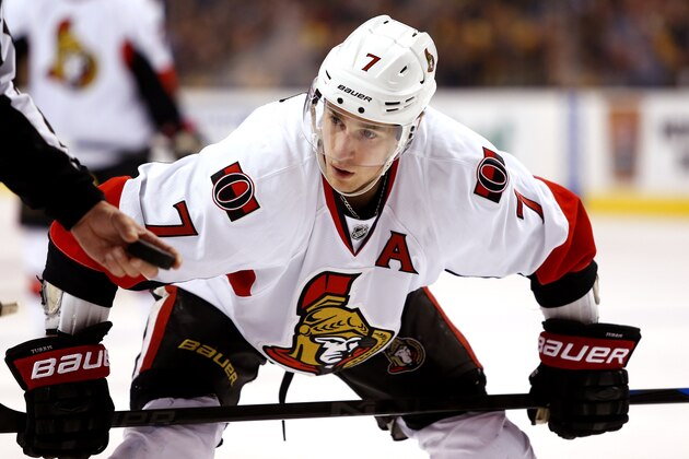 Ottawa Senators center Kyle Turris waits for a face off against the Boston Bruins during the first period of an NHL hockey game in Boston Saturday, Dec. 13, 2014. (AP Photo/Winslow Townson)