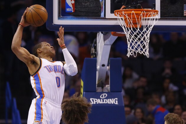 Oklahoma City Thunder guard Russell Westbrook (0) goes up for a shot in the second quarter of an NBA basketball game against the Portland Trail Blazers in Oklahoma City, Monday, April 13, 2015. (AP Photo/Sue Ogrocki)