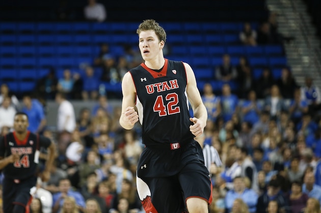 Utah's Jakob Poeltl celebrates agaisnt UCLA during the first half of an NCAA college basketball game Thursday, Jan. 29, 2015, in Los Angeles. The Bruins won 69-59. (AP Photo/Danny Moloshok)