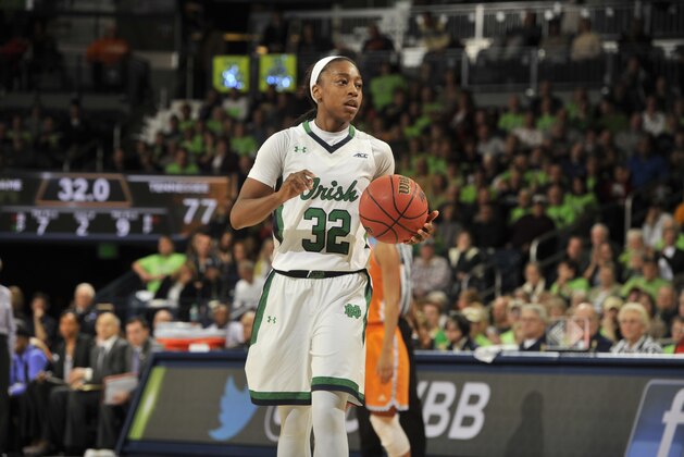 Notre Dame guard Jewell Loyd dribbles up court in an NCAA college basketball game Monday, Jan. 19, 2015, in South Bend, Ind.  (AP Photo/Joe Raymond)