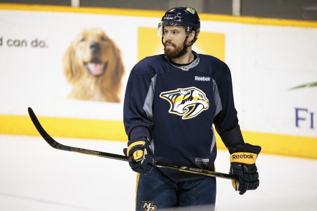 Nashville Predators defenseman Shea Weber practices Monday, April 13, 2015, in Nashville, Tenn. The Predators face the Chicago Blackhawks in the first round of the NHL hockey Western Conference playoffs. (AP Photo/Mark Humphrey)