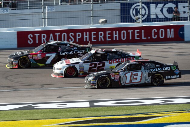 Mar 7, 2015; Las Vegas, NV, USA; NASCAR Xfinity Series driver Derek White (13) and driver Ryan Blaney (22) and driver Regan Smith (7) during the Boyd Gaming 300 at Las Vegas Motor Speedway. Mandatory Credit: Jerome Miron-USA TODAY Sports