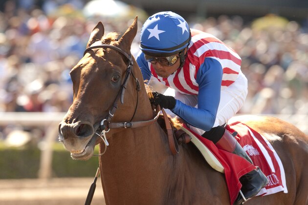 In this photo provided by Benoit Photo, Kaleem Shah's Dortmund and jockey Martin Garcia win the Grade I $1,000,000 Santa Anita Derby horse race, Saturday, April 4, 2015, at Santa Anita Park, in Arcadia, Calif. (AP Photo/Benoit Photo)