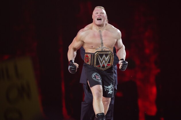 Brock Lesnar makes his entrance at Wrestlemania XXXI, on Sunday, March 29, 2015 in Santa Clara, CA. 2015 marks the first year Wrestlemania will be held in the San Francisco Bay Area, being made available to viewers in 177 countries via the WWE Network. (Don Feria/AP Images for WWE)