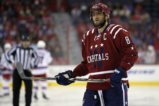 Washington Capitals left wing Alex Ovechkin (8), from Russia, skates on the ice during a break in the second period of an NHL hockey game against the New York Rangers , Saturday, April 11, 2015, in Washington. (AP Photo/Alex Brandon)
